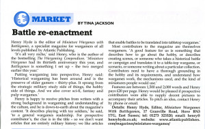 Clipping from "Writers' News" November 2013 issue concerning "Miniature Wargames with Battlegames"