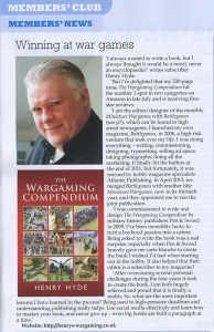 Clipping from "Writers' News" November 2013 issue concerning author Henry Hyde and "The Wargaming Compendium"