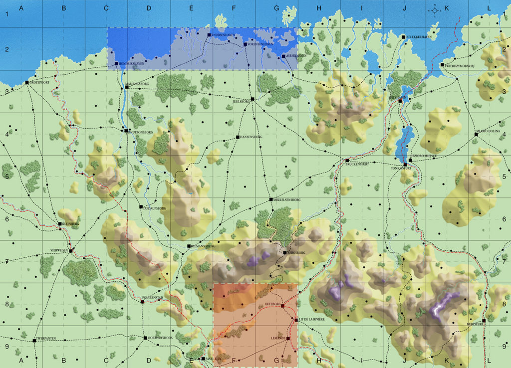 Map showing the initial disposition areas of the Granprixian (blue) and Grenouissian (red) alliances.