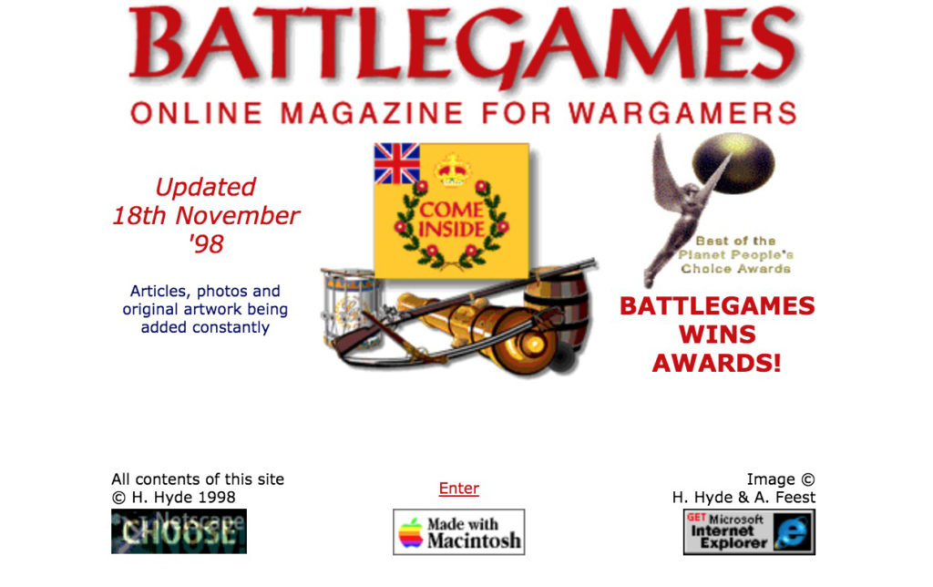 The first battlegames site splash page, first launched June 18th 1998.