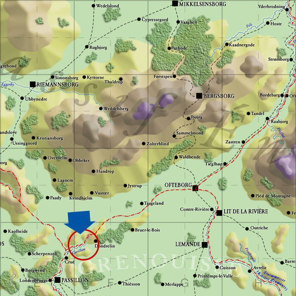 Map of the junction of Borgenmark, Grenouisse, Schwitz and Gelderstaad, with the River Carillon.