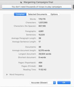 Statistics for my Wargaming Campaigns book from the Scrivener software I use.